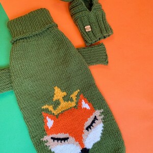 Puede incluir: Su&eacute;ter de punto verde para perro con un dise&ntilde;o de zorro y una corona dorada. El su&eacute;ter tiene cuello alto y una etiqueta de cuero marr&oacute;n con el texto "Tikalopshop".