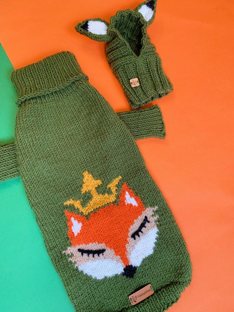 Puede incluir: Su&eacute;ter de punto verde para perro con un dise&ntilde;o de zorro y una corona dorada. El su&eacute;ter tiene cuello alto y una etiqueta de cuero marr&oacute;n con el texto "Tikalopshop".