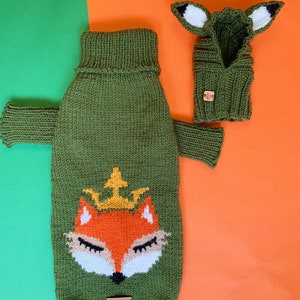 Puede incluir: Su&eacute;ter de punto verde para perro con un dise&ntilde;o de cara de zorro y un gorro de zorro de punto verde a juego. La cara del zorro tiene una corona en la cabeza y es naranja, blanca y negra.