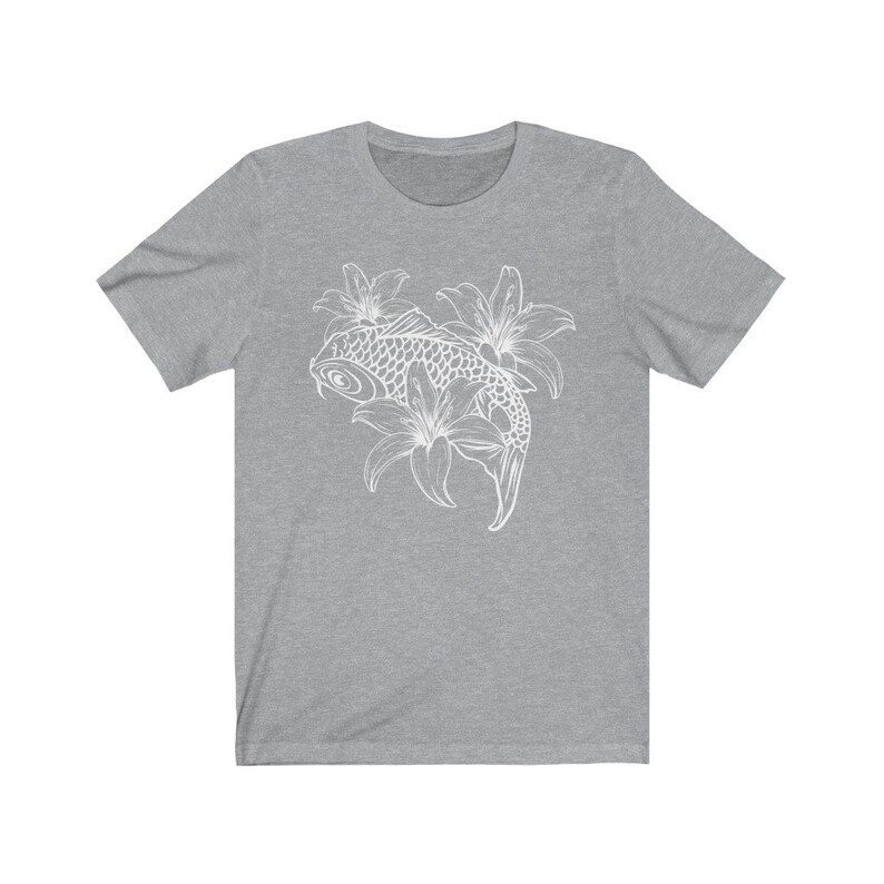 May include: A gray t-shirt with a white outline of a koi fish swimming through lilies.
