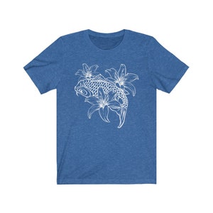 May include: A blue t-shirt with a white outline of a koi fish swimming through lilies.