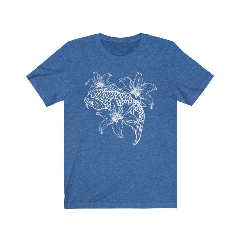 May include: A blue t-shirt with a white outline of a koi fish swimming through lilies.