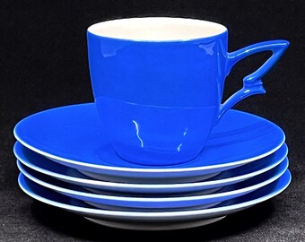 Vintage Czech Porcelain Demitasse Cup and Saucer + Bonus Saucers - Bright Blue Art Deco by ALP Czechoslovakia