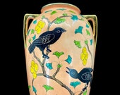 VERY RARE Vase - Royal Nippon Nishiki - Blackbirds and Berries on Peach Ground - Large - Double Handle Amphora Shape