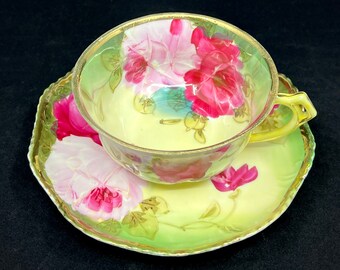 German Teacup and Saucer Hand Painted Pink Cabbage Rose - Yellow and Green Ground - Gilt Trim - c1900 - FREE US Shipping