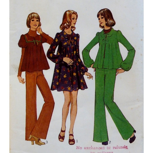 Smock Mini Dress Pattern, Tunic, Straight Pants, Square Yoke, Ribbon Ties, Long Sleeves, Jewel Neck, Round Collar, Style 3911 UNCUT Size 10