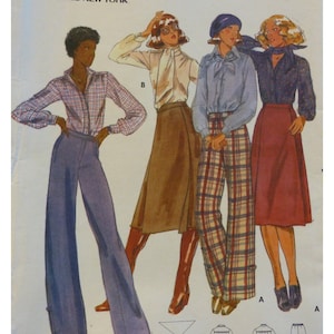 Wide Leg Pants Pattern, Leg Tabs, Front Fly, Shirt, Band/ Pointed Collar, Long Sleeves, Cuffs, Tie, Wrap Skirt, Butterick 5088 UNCUT Size 10