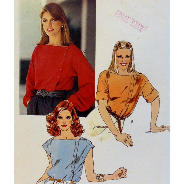 Side Button Blouse Pattern, Bateau Neck, Cap or Elbow or Long Full Sleeves, Cuffs, Loose Fitting, Vogue 7755 Size 6 Bust 30.5" 78 cm