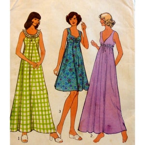 May include: A vintage sewing pattern featuring three different styles of maxi dresses. The dresses are sleeveless and have a V-neckline. The first dress is green and white gingham, the second is blue and white floral, and the third is lavender.