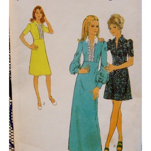 70s High Waist Dress Pattern, Front Neck Slit, Pointed Collar, Full Cap Sleeves, Maxi, Midi, Mini, Style 3686 UNCUT Size 12 Bust 34 87 cm image 1