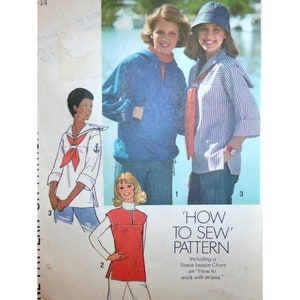 Patrón de top marinero, largo, con aberturas, puños enrollables, chaqueta con capucha, bolsillos tipo canguro, cintura elástica Simplicity 7564 Talla pequeña 8-10 o 12-14