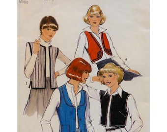 Vest Pattern, Four Styles, Open/ Button Front, Deep Armholes, Round Neck, Collar, Lined, Style 1983 Size 10 OR Size 12