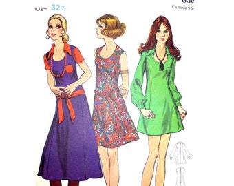 70s Mod Dress Pattern, Fitted Bodice, Scoop Neck, Collar, Midi Maxi Mini, Sleeveless, Long Sleeves, Butterick 5886 UNCUT Size 10 Bust 32.5