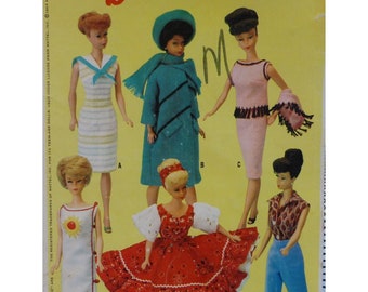 1963 Official Barbie Wardrobe Pattern, Coat, Square Dance Dress, Pants, Tops, Dresses, Hat, McCalls 7429  Fits Size 11.5" Doll