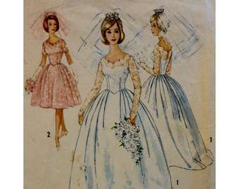 60s Bridal Gown Pattern, Fitted Bodice, Long Pointed Sleeves, Full Skirt, Scallop Neck Simplicity 4893 UNCUT Size 12/ 10 Bust 32"