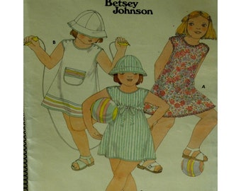 Betsey Johnson Girls Sundress Pattern, Button Shoulders, Sleeveless, A- Line, Sunhat, Pocket, Butterick 5944 Size 3 Chest 22" 56 cm