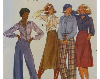 Wide Leg Pants Pattern, Leg Tabs, Front Fly, Shirt, Band/ Pointed Collar, Long Sleeves, Cuffs, Tie, Wrap Skirt, Butterick 5088 UNCUT Size 10