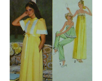 70s Lingerie Pattern, Nightgown, Pajamas, Robe, Bandeau Bodice, Straps, Empire Waist Robe, Short Sleeves, Simplicity 8766 UNCUT Size 6 8