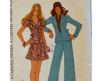 Two Piece Dress Pattern, Fitted Jacket, Notched Collar, Back Tie, Gathered Caps, Flared Mini Skirt, Pants, McCalls 3870 Size 10
