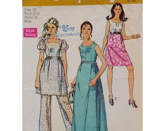 70s High Waist Dress Pattern, Fit & Flare, Square Neck, Maxi, Midi, Mini, Sleeveless, Puff Sleeves, Simplicity 8786 Size 10