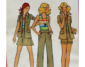 Butterick 6579, Mini Skirt Suit Pattern, Zipper Front Jacket, Short Sleeves, Straight Pants, Cuffed Shorts, Tank Top, Size 12 Bust 34"