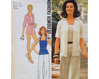 Simplicity 6970 Knit Top, Pants and Shirt Pattern, Short Shorts, Shaped Hem, Pointed Collar, Straight Pants, Shoulder Strap Top, Size 14