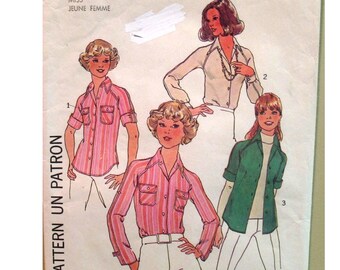 Shirt Blouse Pattern, Raglan Cuffed Long Sleeve/ Roll Up, Pointed Collar, Front Pockets, Simplicity 7912/ 7057  Size 8 OR 10 OR 16