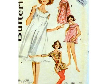 60s Babydoll Pajamas Pattern, Nightie, Robe. Round Yoke, Slim Pants, Panties, Butterick 2198 Size 14/ 12 Bust 34