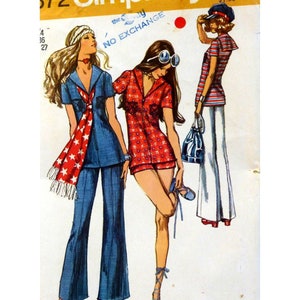 May include: A vintage sewing pattern featuring three women wearing different styles of clothing. The pattern includes a red and white striped top with flared trousers, a red and white patterned jumpsuit, and a blue denim jumpsuit with a red and white star scarf.