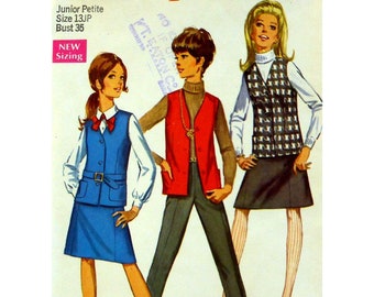 Simplicity 7875 Long Vest and Mini Skirt Pattern, Narrow Leg Pants, V-neck, Front Buttons, Gored Skirt, UNCUT Size 13 Bust 35" 89 cm