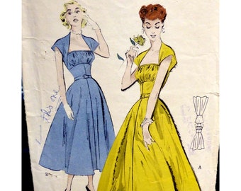 50s Evening Gown Pattern, Gathered Bust, Open Neck, Fitted Midriff, Flared Skirt, Cap Sleeves, Butterick 5508 UNCUT Size 14 / 10 Bust 32"