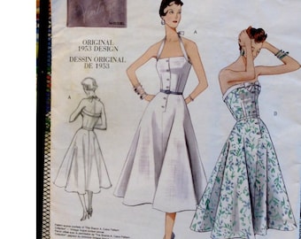 Retro 50s Sundress Pattern, Halter Neck or Strapless, Fitted Bodice, Button Front, Flared Skirt, Bandeau, Vogue 2961 Size 4 OR Size 12 14