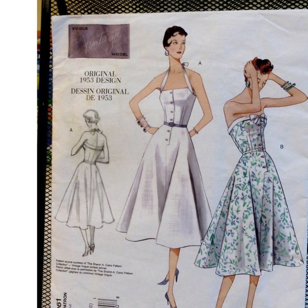 Retro 50s Sundress Pattern, Halter Neck or Strapless, Fitted Bodice, Button Front, Flared Skirt, Bandeau, Vogue 2961 Size 4 OR Size 12 14