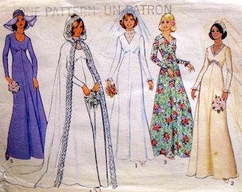 Simplicity 7284 Shaped High Waist Gown Pattern, Scoop or V- neck, Long Sleeve, Hooded Cape, Bride, Bridesmaid, UNCUT Size 12 Bust 34
