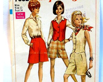 Long Shorts Pattern, Above Knee, Welt Pockets, Pointed Front Vest, Sleeveless, Shirt, Long Sleeves, Simplicity 7592 Size 12 Bust 34" 87 cm