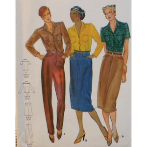 May include: A sewing pattern illustration featuring three outfits. The first shows a brown long-sleeve shirt and dark red trousers. The second shows a yellow long-sleeve shirt and a blue skirt. The third shows a green short-sleeve shirt and a tan skirt.