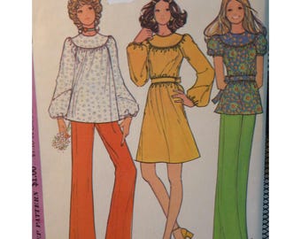 Smock Top or Dress Pattern, Round Yoke, Pullover, Full Long Sleeves, Wide Leg Pants, McCalls 3451 Size 10 Bust 32.5"