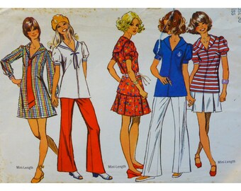 Sailor Top, Dress Pattern, Pleated Mini Skirt, Wide Pants, Zipper Front, Puff/ Long Sleeves, Simplicity 9833 Size 12 Bust 34