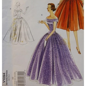 May include: A vintage sewing pattern, V1094, showing illustrations of off-the-shoulder ball gowns. The main gown is a purple dress with white polka dots. The pattern includes sizes 14-16-18-20. The text "PATTERN/PATRON" and "SIZE/TAILLE" are visible.