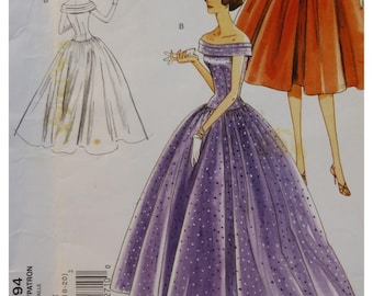 50s Evening Gown Pattern, Off Shoulder, Fitted Long Bodice, Full Skirt, Vogue 1094 UNCUT Size 14 16 18 20