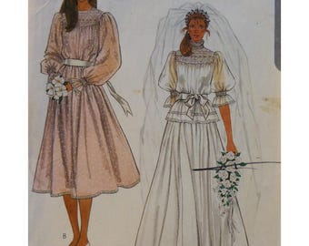McCalls 7893 Bridal Dress Pattern, Smocked Yoke, High Collar, Full Sleeves, Ruffle Cuffs, One/ Two Piece, Maxi/ Midi, Size 8 Bust 31.5" 80cm
