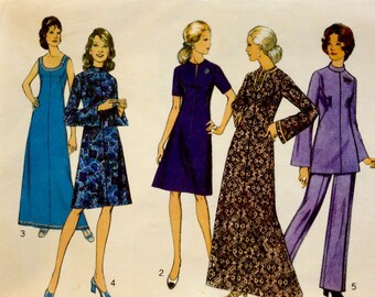 Style 3885 A Line Dress Pattern, Maxi, Midi, High Collar, Scoop/ Slit Neck, Short or Bell Sleeves, Sleeveless, Size 14.5" Bust 37"