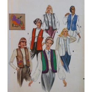 Könnte beinhalten: Ein Vintage-Schnittmuster mit Illustrationen von Westen. Die Westen sind in verschiedenen Farben wie Rot, Blau, Grün und Braun gehalten und mit dekorativen Nähten und Verzierungen versehen. Das Muster enthält auch eine kleine Illustration eines Vogels.