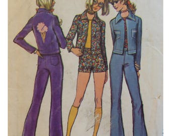 Simplicity 9648 Bell Bottom Pants Pattern, Short Shorts, Jean Jacket, Zipper Front, Front/ Back Pockets, Front Zipper, Waistband, Size 10
