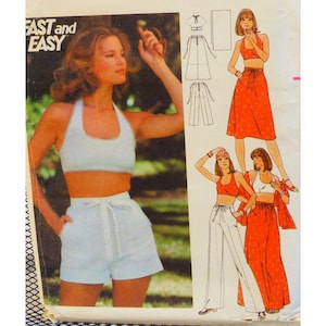 May include: A sewing pattern for a halter top, shorts, pants, and skirt. The pattern includes instructions for making a wrap skirt, pants with a tie waist, and a halter top with a matching pair of shorts. The pattern is labeled "Fast and Easy".
