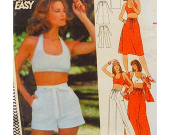Butterick 4854 Halter Top, Short Shorts, Wide Pants, Skirt,  Straight Pants, Front Tie, Side Pockets, Tie Neck Bra Top, Size 12