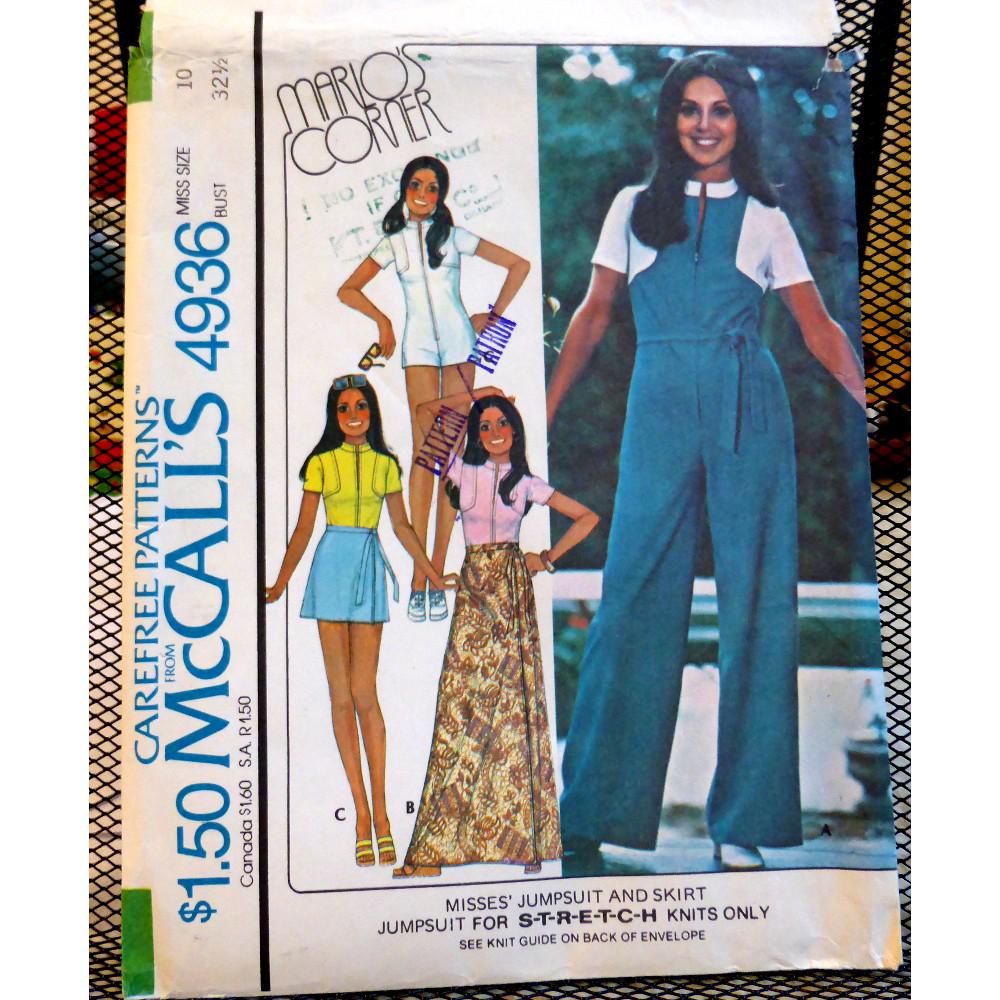 Jumpsuit Muster, Reißverschluss vorne, Stehkragen, kurze Ärmel, Wickelrock, Maxi, Mini, Marlo Thomas, McCalls 4936 Größe 10 Brustumfang 82 cm