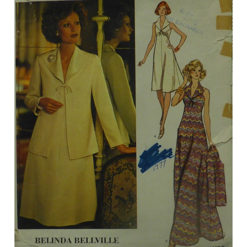 70s Flared Dress Pattern, Fitted Bodice, Cut-in Shoulders, Flip Collar, Maxi, Midi, Jacket, Belinda Bellville, Vogue 1193 Size 8 Bust 31.5 image 1