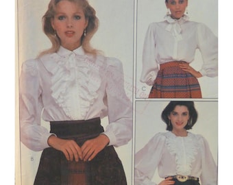 Mccalls 8251 Ruffle Blouse Pattern, Long Sleeves, Button Front, Neck/ Bodice Ruffles, Cuffs, Size 12 Bust 34"