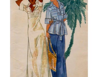 Butterick 4251, 70s John Kloss Maxi Shirtdress, Front Placket Top, Collar, Roll up Sleeves, Loose Fit, Side Slits, Pockets, Pants,  Size 10